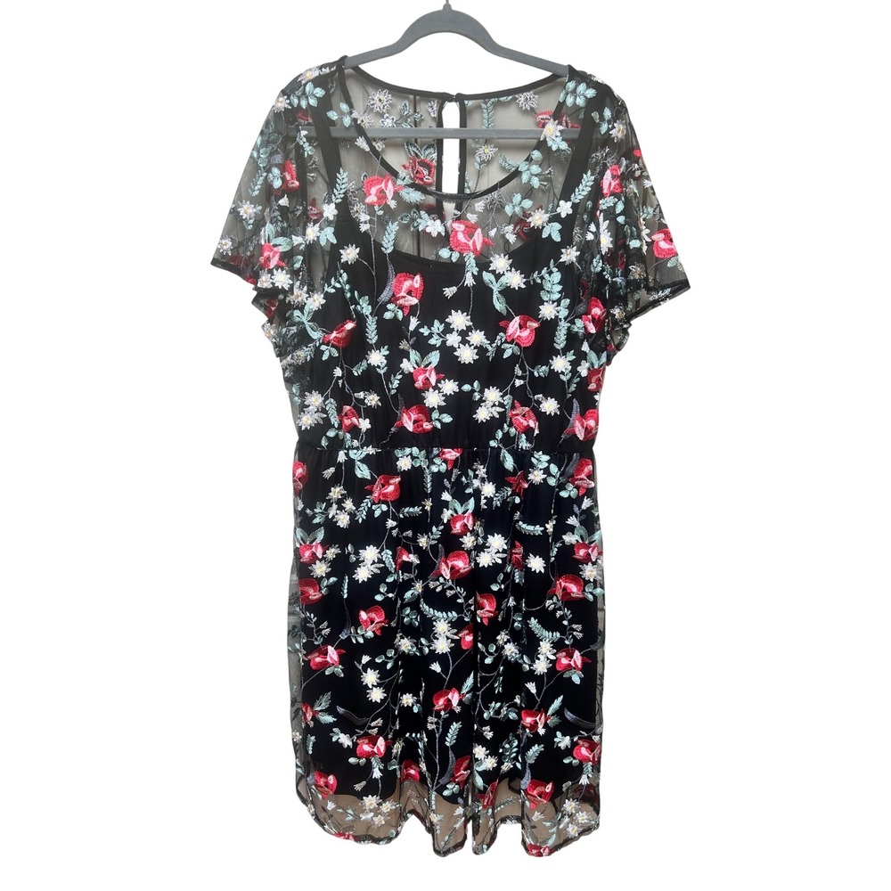 Lane Bryant Black Floral Embroidered Mesh Overlay Dress 20 Short Sleeve 1098627